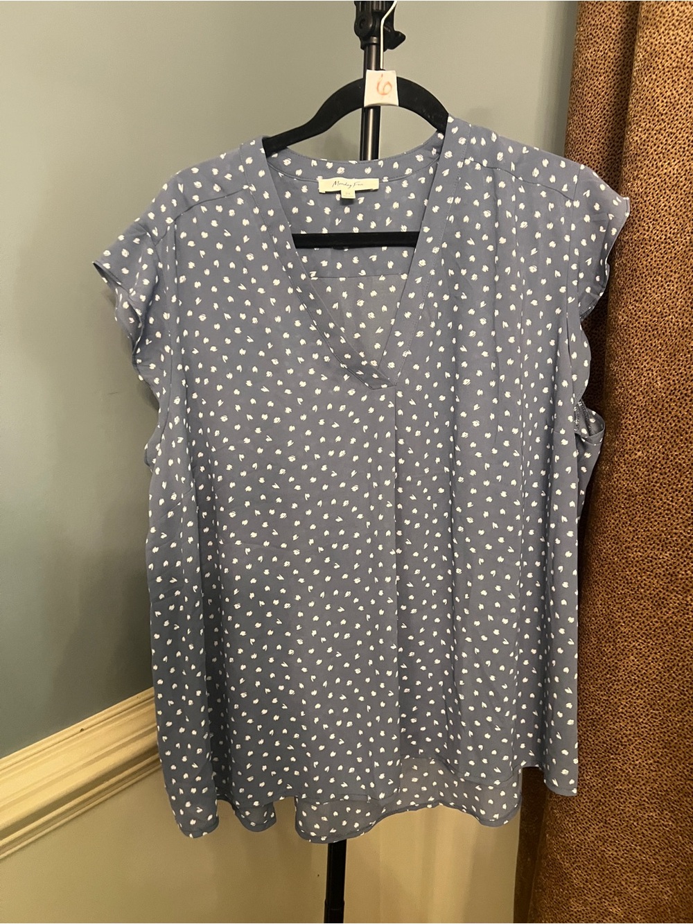 V-Neck Cap-Sleeve Blouse in Dusty Blue with White Print